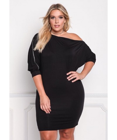 Women's One Shoulder 3/4 Sleeves Bodycon Fitted Short Plus Size Dresses Black $19.79 Dresses