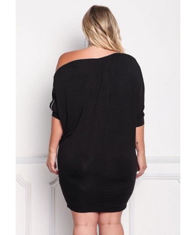 Women's One Shoulder 3/4 Sleeves Bodycon Fitted Short Plus Size Dresses Black $19.79 Dresses