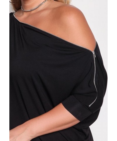 Women's One Shoulder 3/4 Sleeves Bodycon Fitted Short Plus Size Dresses Black $19.79 Dresses