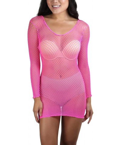 Women’s Stretch See Through Fishnet Novelty Mini Rave Party Dress Long Sleeve Fine Fishnet Dress Round Neck - Hot Pink $8.64 ...