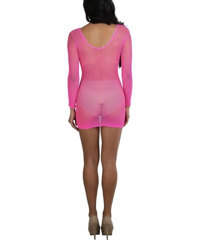 Women’s Stretch See Through Fishnet Novelty Mini Rave Party Dress Long Sleeve Fine Fishnet Dress Round Neck - Hot Pink $8.64 ...