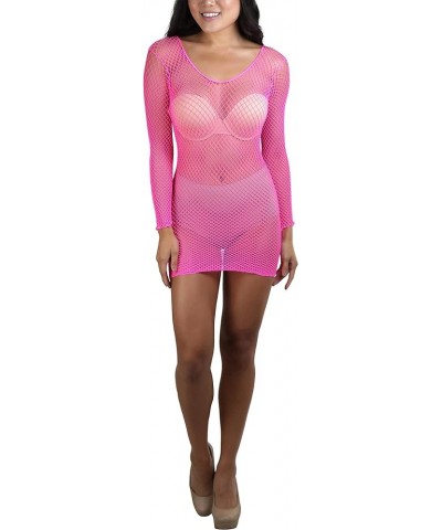 Women’s Stretch See Through Fishnet Novelty Mini Rave Party Dress Long Sleeve Fine Fishnet Dress Round Neck - Hot Pink $8.64 ...