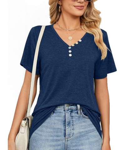 Womens Summer Tops Casual V Neck Short Sleeve Solid Color Basic T Shirt Navy $13.16 Tops