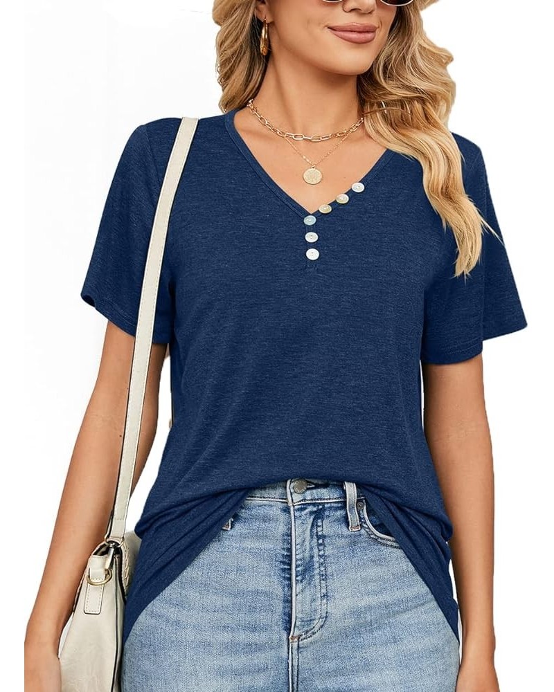 Womens Summer Tops Casual V Neck Short Sleeve Solid Color Basic T Shirt Navy $13.16 Tops