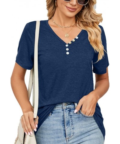 Womens Summer Tops Casual V Neck Short Sleeve Solid Color Basic T Shirt Navy $13.16 Tops