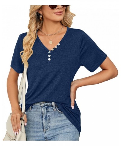 Womens Summer Tops Casual V Neck Short Sleeve Solid Color Basic T Shirt Navy $13.16 Tops