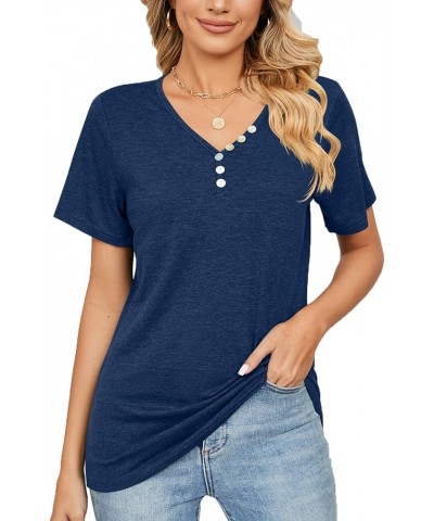 Womens Summer Tops Casual V Neck Short Sleeve Solid Color Basic T Shirt Navy $13.16 Tops