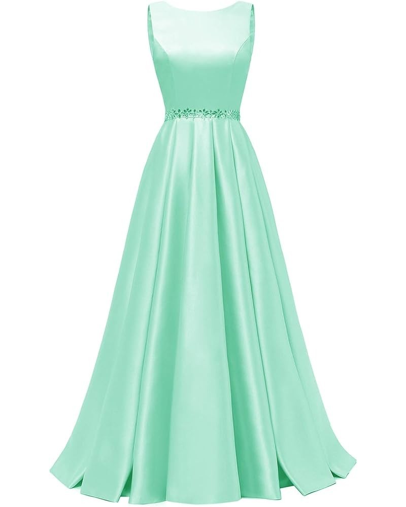 Satin Prom Dresses Long for Women A-Line Beaded Belt Formal Evening Party Ball Gowns with Pockets Mint Green $37.60 Dresses