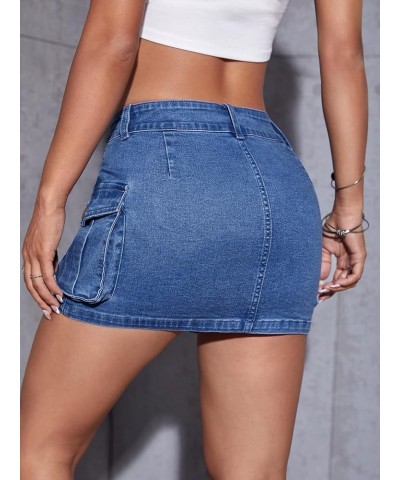 Women's Low Waist Button Bodycon Mini Cargo Denim Skirt with Pocket Medium Wash Solid $20.09 Skirts