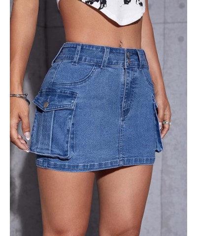 Women's Low Waist Button Bodycon Mini Cargo Denim Skirt with Pocket Medium Wash Solid $20.09 Skirts