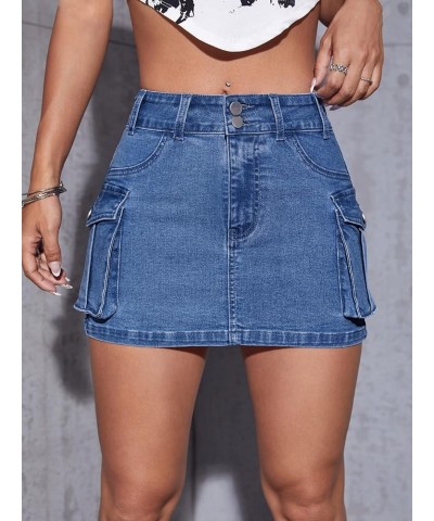 Women's Low Waist Button Bodycon Mini Cargo Denim Skirt with Pocket Medium Wash Solid $20.09 Skirts