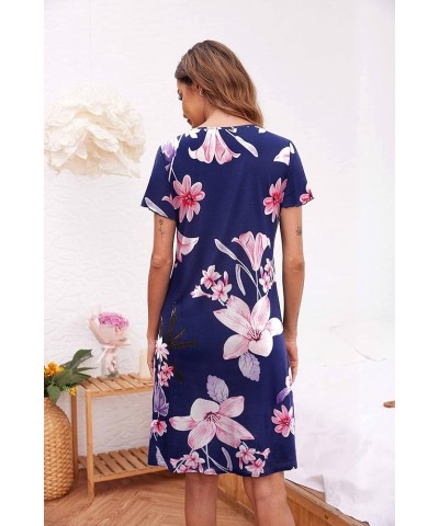 Women's Nightshirt Short Sleeve Button Down Nightgown V-Neck Sleepwear Pajama Dress A-pat20 Navy Flower $10.75 Sleep & Lounge