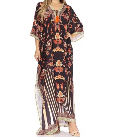 Georgettina Flowy Rhinestone V Neck Long Caftan Dress/Cover Up Black / White $31.19 Dresses