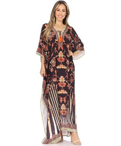 Georgettina Flowy Rhinestone V Neck Long Caftan Dress/Cover Up Black / White $31.19 Dresses