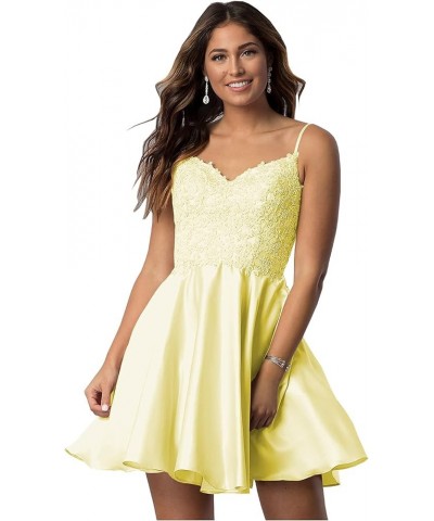 Short Beaded Lace Appliques Satin Homecoming Dresses with Pockets V-Neck Formal Prom Party Gown Yellow $38.24 Dresses