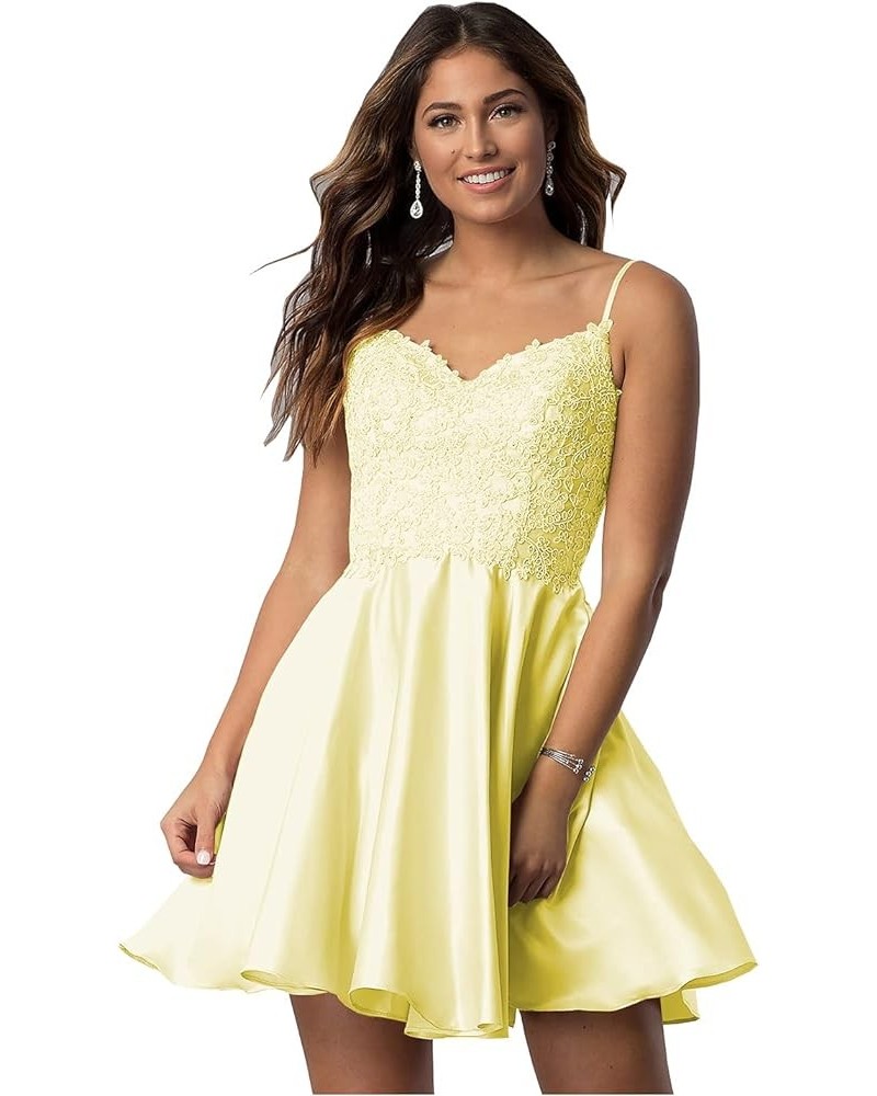 Short Beaded Lace Appliques Satin Homecoming Dresses with Pockets V-Neck Formal Prom Party Gown Yellow $38.24 Dresses