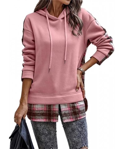 Women's Plaid Patchwork Hooded Sweatshirts Trendy Fall Tops Color Block Split Front Pullover Sweatshirt Pink $14.08 Hoodies &...