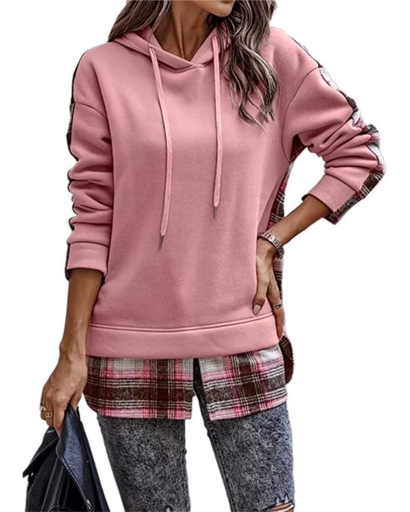 Women's Plaid Patchwork Hooded Sweatshirts Trendy Fall Tops Color Block Split Front Pullover Sweatshirt Pink $14.08 Hoodies &...