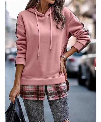 Women's Plaid Patchwork Hooded Sweatshirts Trendy Fall Tops Color Block Split Front Pullover Sweatshirt Pink $14.08 Hoodies &...