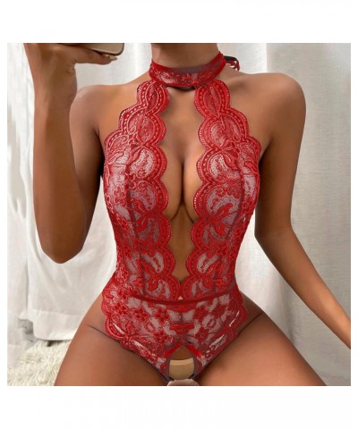 Slutty Lingerie for Women Sexy Halter Deep V Neck Lace Bodysuit One-Piece Plunge Teddy Babydoll Lingerie for Sex Naughty Red ...