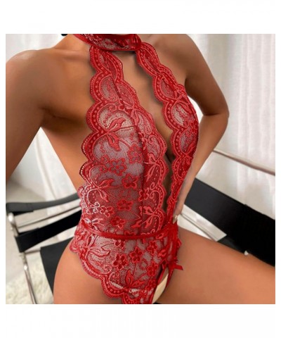 Slutty Lingerie for Women Sexy Halter Deep V Neck Lace Bodysuit One-Piece Plunge Teddy Babydoll Lingerie for Sex Naughty Red ...