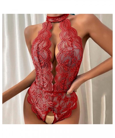 Slutty Lingerie for Women Sexy Halter Deep V Neck Lace Bodysuit One-Piece Plunge Teddy Babydoll Lingerie for Sex Naughty Red ...