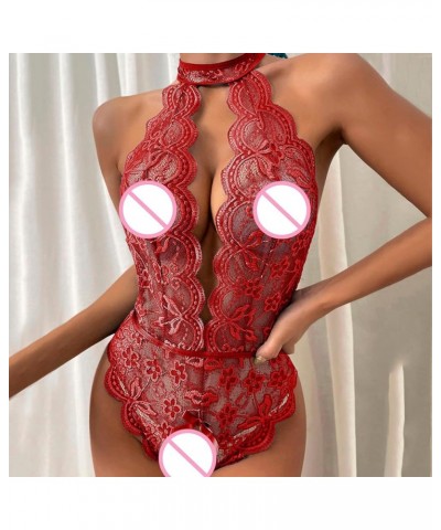 Slutty Lingerie for Women Sexy Halter Deep V Neck Lace Bodysuit One-Piece Plunge Teddy Babydoll Lingerie for Sex Naughty Red ...