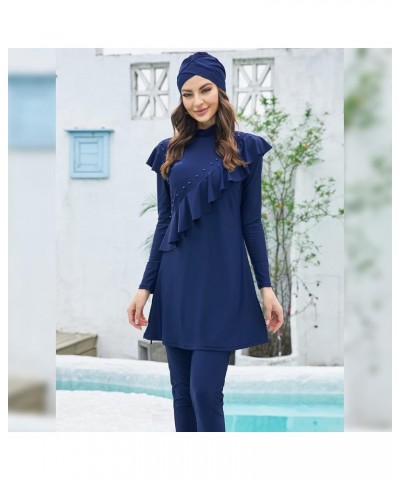 Muslim Swimsuits for Women Ruffled Full Coverage Swimwear Islamic Ladies Beachwear Swimming Burkini Hijab Swim Suit A Dark Bl...