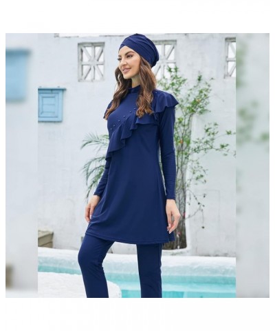 Muslim Swimsuits for Women Ruffled Full Coverage Swimwear Islamic Ladies Beachwear Swimming Burkini Hijab Swim Suit A Dark Bl...