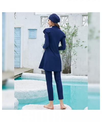 Muslim Swimsuits for Women Ruffled Full Coverage Swimwear Islamic Ladies Beachwear Swimming Burkini Hijab Swim Suit A Dark Bl...