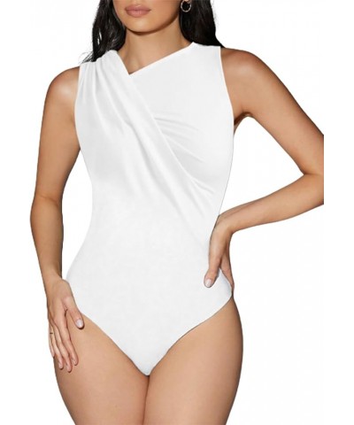 Women's Sexy Rib Thong Bodysuit Cut Out Front Sleeveless Leotard Tops White D $10.08 Bodysuits