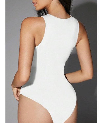 Women's Sexy Rib Thong Bodysuit Cut Out Front Sleeveless Leotard Tops White D $10.08 Bodysuits