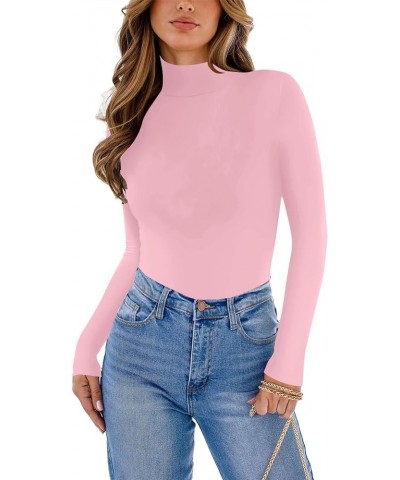 Women's Elegant Turtleneck Ribbed Knit Long Sleeve Leotard Bodysuit Jumpsuit Top Pink $15.38 Bodysuits