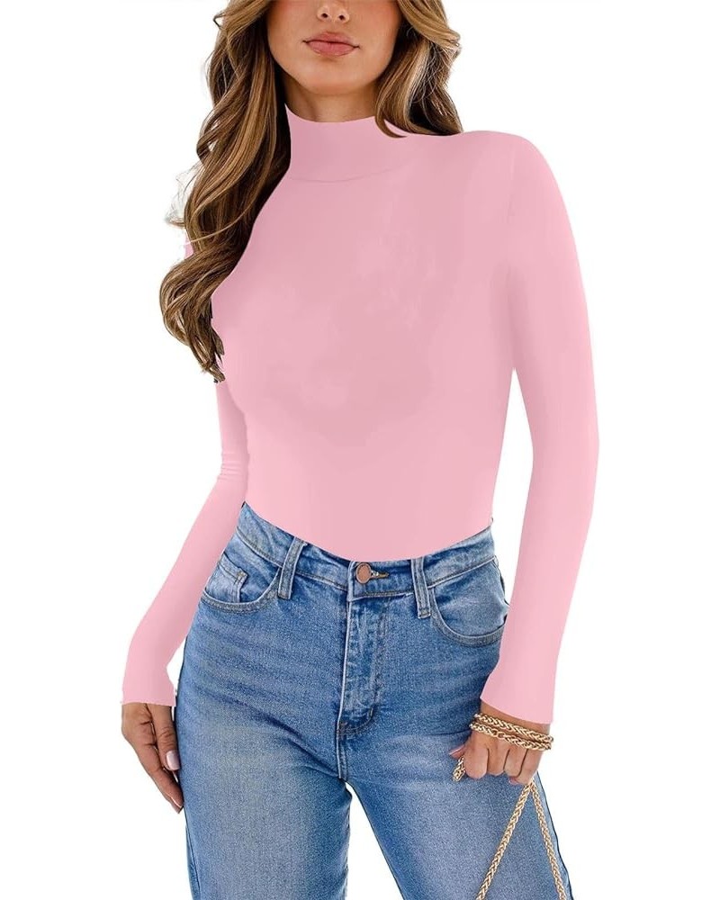 Women's Elegant Turtleneck Ribbed Knit Long Sleeve Leotard Bodysuit Jumpsuit Top Pink $15.38 Bodysuits