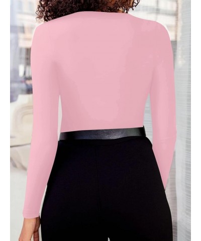 Women's Elegant Turtleneck Ribbed Knit Long Sleeve Leotard Bodysuit Jumpsuit Top Pink $15.38 Bodysuits