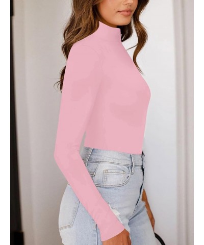 Women's Elegant Turtleneck Ribbed Knit Long Sleeve Leotard Bodysuit Jumpsuit Top Pink $15.38 Bodysuits