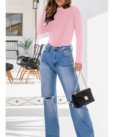 Women's Elegant Turtleneck Ribbed Knit Long Sleeve Leotard Bodysuit Jumpsuit Top Pink $15.38 Bodysuits