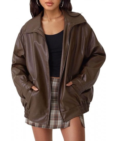 Women's Oversized Jackets, Leather Faux Motorcycle Plus Size Moto Biker Coat Fall Outfits Fashion Clothes 2024 Brown $32.32 C...