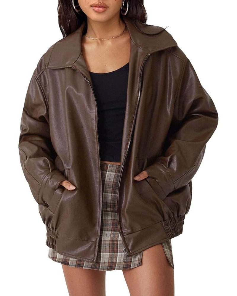 Women's Oversized Jackets, Leather Faux Motorcycle Plus Size Moto Biker Coat Fall Outfits Fashion Clothes 2024 Brown $32.32 C...