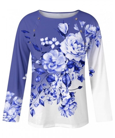 Tops for Women Trendy,Women's Fashion Casual Round Neck Long Sleeve Christmas Print Button Decorated T-Shirt Top 4-blue $9.68...