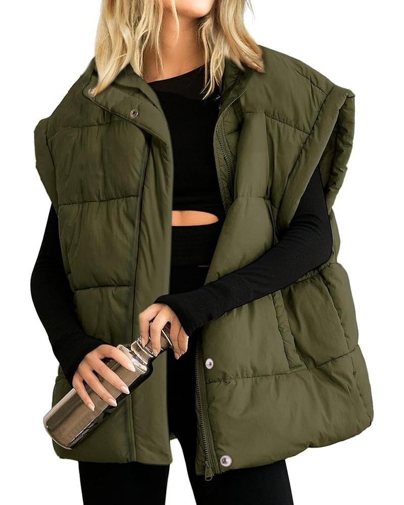 Womens Oversized Puffer Vest Stand Collar Full Zip Sleeveless Bubble Puffer Vest Quilted Padded Warm Coat Outwear Army-green ...