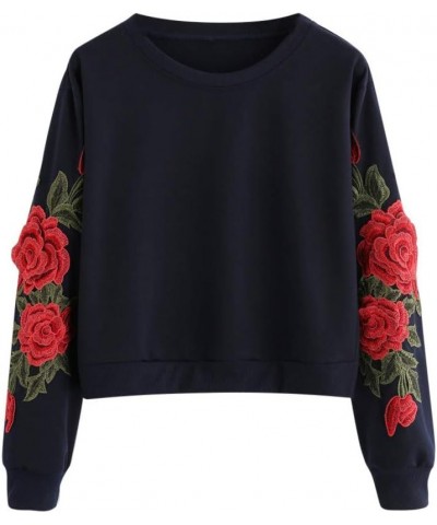 F_Gotal Womens Long Sleeve Crew Neck Sweatshirts Teen Girls Casual Rose Embroidery Applique Tunic Pullover Jumper Hoodie Navy...