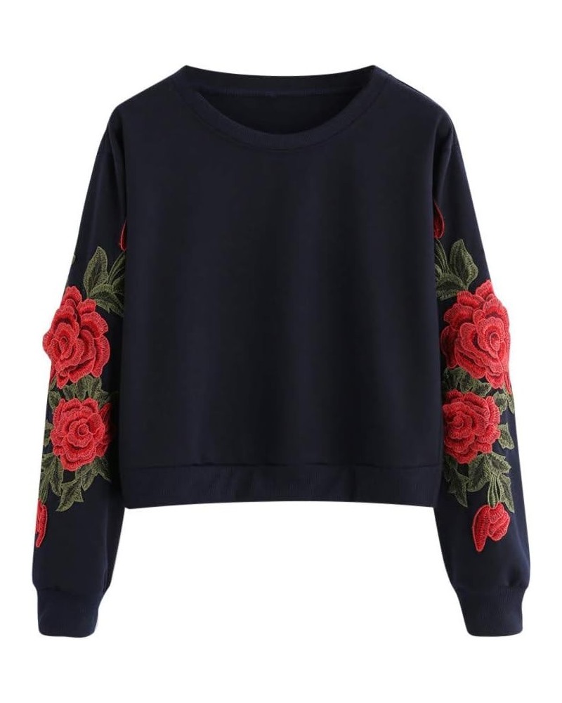 F_Gotal Womens Long Sleeve Crew Neck Sweatshirts Teen Girls Casual Rose Embroidery Applique Tunic Pullover Jumper Hoodie Navy...