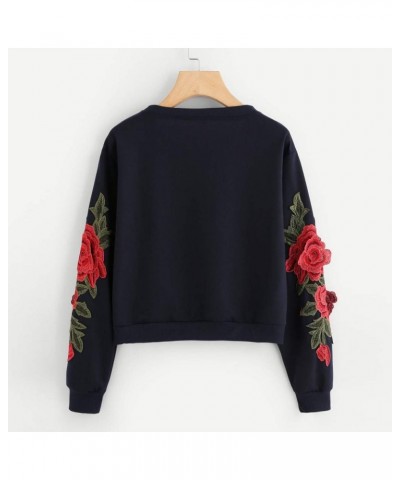 F_Gotal Womens Long Sleeve Crew Neck Sweatshirts Teen Girls Casual Rose Embroidery Applique Tunic Pullover Jumper Hoodie Navy...