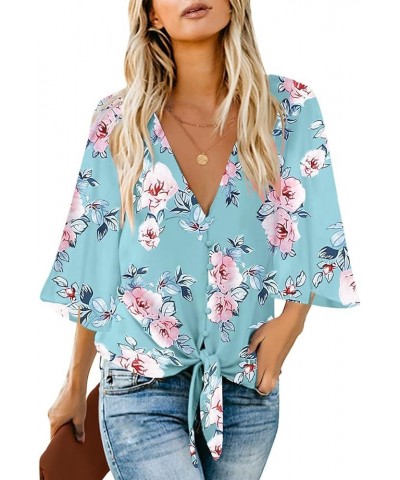 Womens V Neck Button Down Shirt 3/4 Sleeve Blouses Tie Knot Tops 3/4 Sleeve-blue-floral Printed $14.96 Blouses