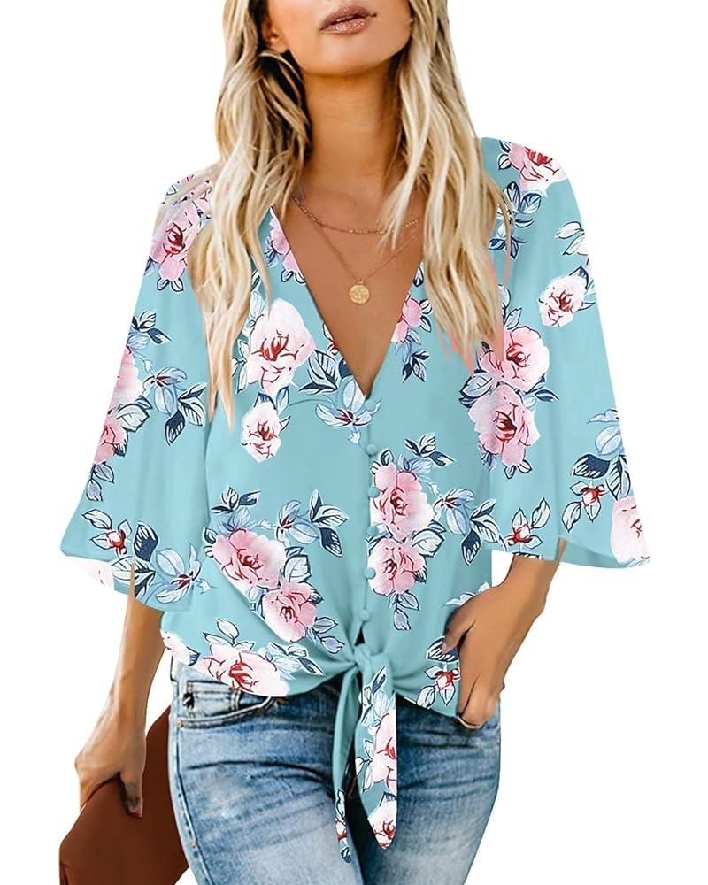 Womens V Neck Button Down Shirt 3/4 Sleeve Blouses Tie Knot Tops 3/4 Sleeve-blue-floral Printed $14.96 Blouses