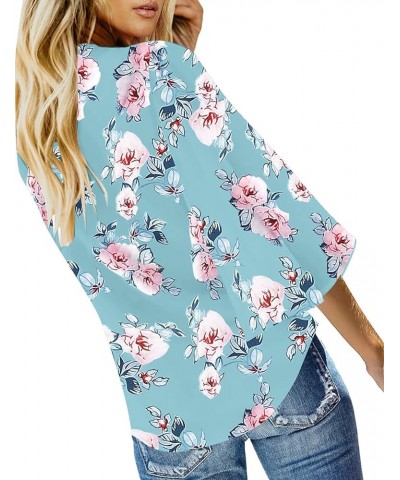 Womens V Neck Button Down Shirt 3/4 Sleeve Blouses Tie Knot Tops 3/4 Sleeve-blue-floral Printed $14.96 Blouses