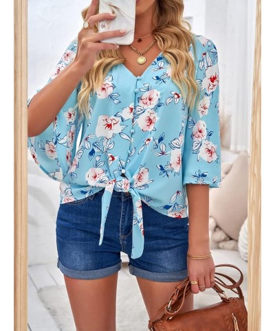 Womens V Neck Button Down Shirt 3/4 Sleeve Blouses Tie Knot Tops 3/4 Sleeve-blue-floral Printed $14.96 Blouses