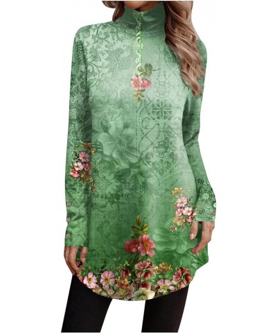 Womens Tunic Tops to Wear with Leggings Long Sleeve Turtle Neck Floral Print Button Pullover Shirt Flowy Fall Blouses Green-s...