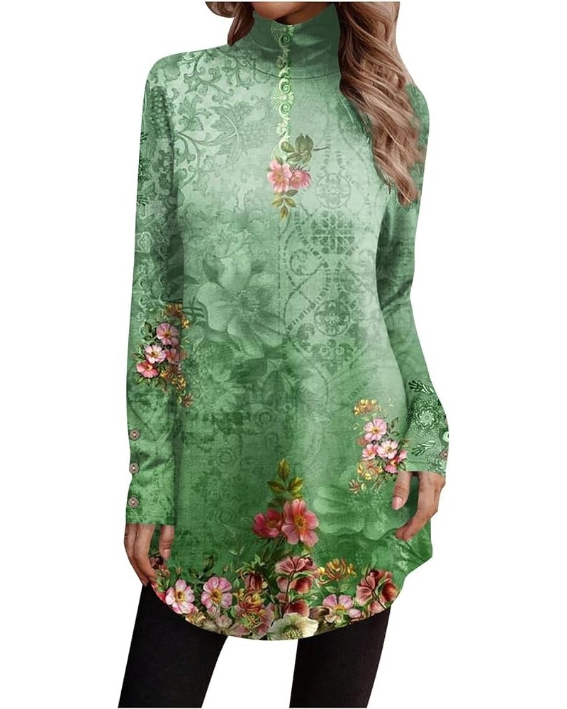 Womens Tunic Tops to Wear with Leggings Long Sleeve Turtle Neck Floral Print Button Pullover Shirt Flowy Fall Blouses Green-s...